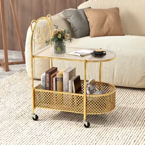 COSTWAY - 2-Tier Mobile Glass Coffee Table with Bear Pattern-Golden
