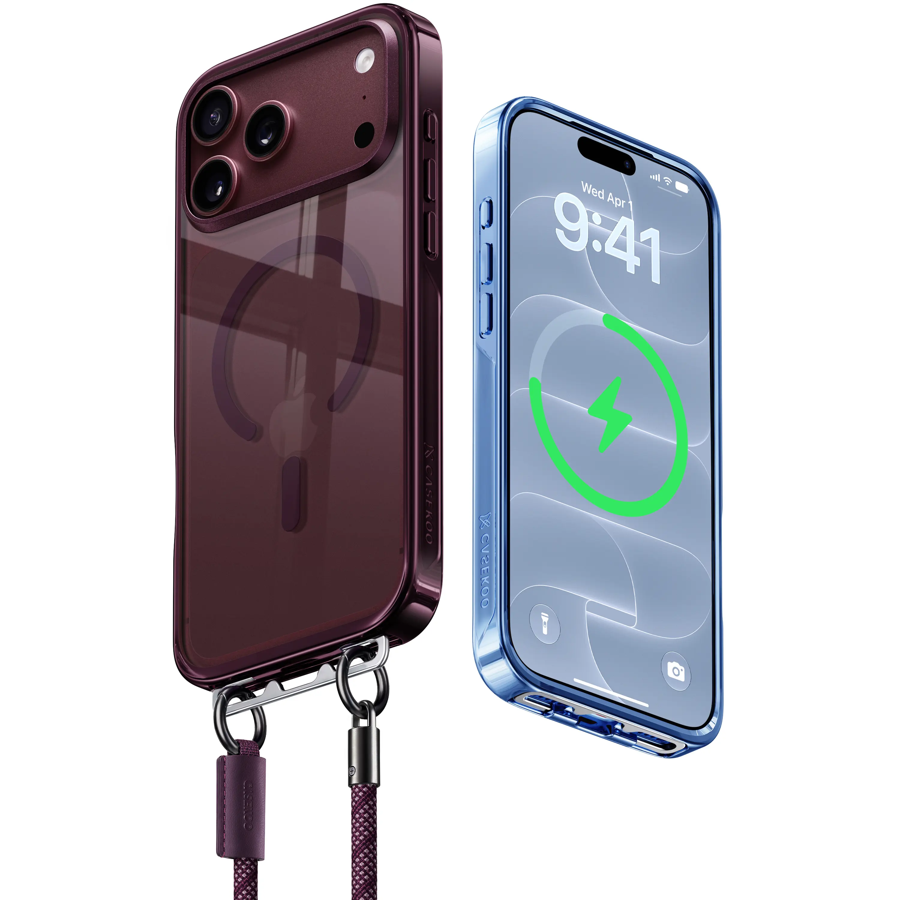 CASEKOO Color-Matched Burgundy/Glacier MagSafe Case iPhone 18/17/16 Pro/Pro with Wrist Strap Glossy Premium LINKOO, Patented ClipSafe: Built-in Foldable Hidden Tab, Camera Lens & Raised-Edge Screen Protection, Never Yellow Clear Back, stock up