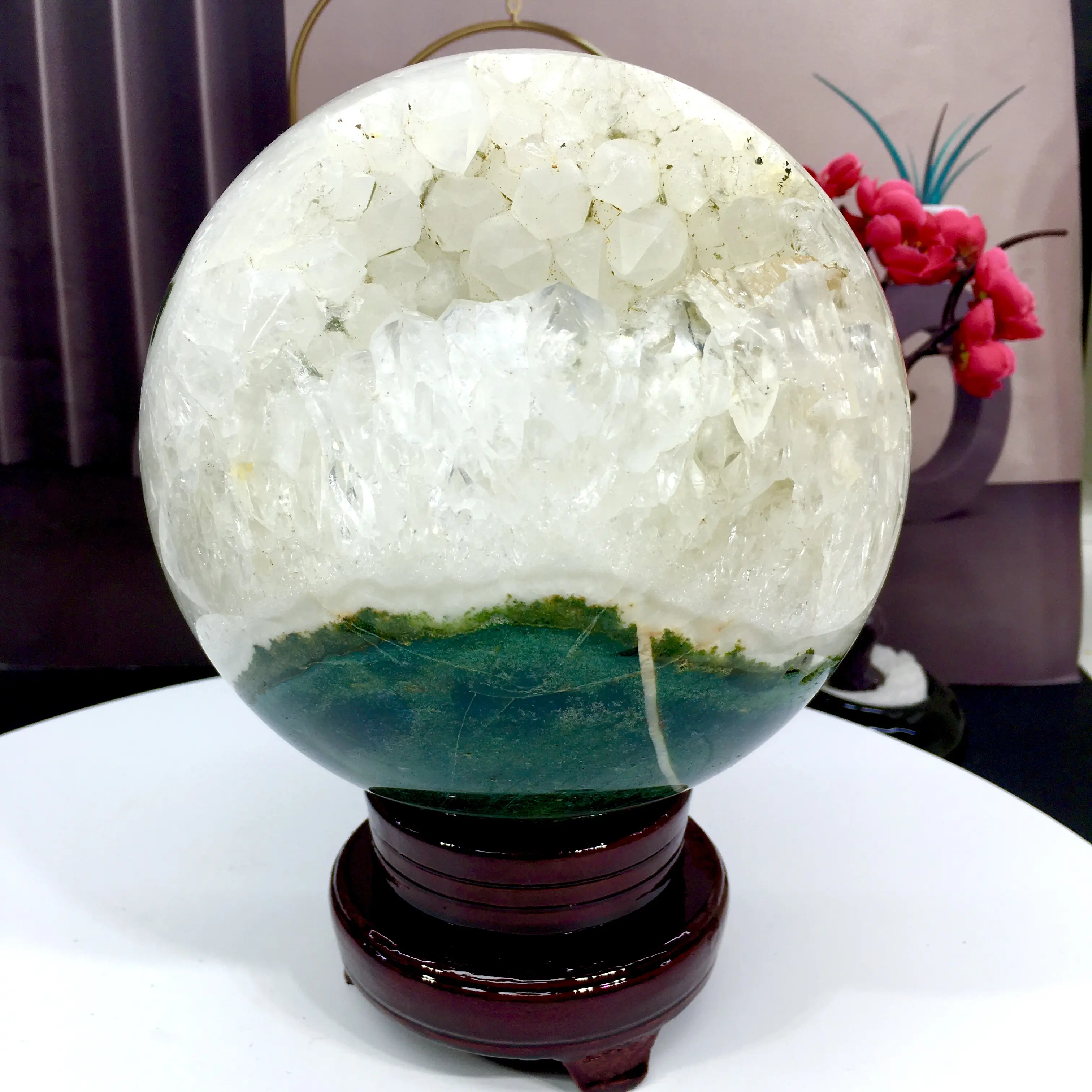 Large Agate Druzy Crystal Sphere, 150mm Natural Chalcedony on a High-Grade Wooden Stand for Room Decor, Home, House Decor, Collectibles, Large Size, Natural Drusy, Agate Chalcedony