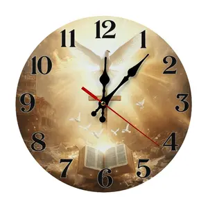 Christian Cross Dove Bible Wall Clock, 12 Inch Silent Non-Ticking Round Wooden Clock, Religious Faith Art Clock for Home Church Prayer Room Decor