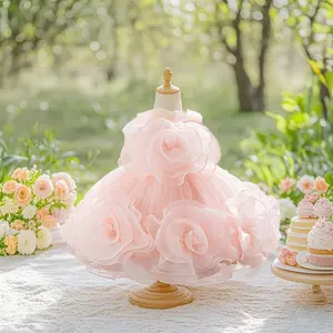 3017 Sweet pink girl dress birthday gift birthday party big flower unique design elegant and high-end dress dress