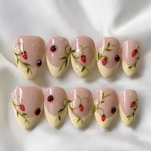 Summer Garden French Tips Nails, ,Ladybugs, strawberry Press On Nails, luxury Fruits press on nails, gift for her, y2k nails, nail art, Handmade Nails for Beach Holiday, Y2k 3D Gel Flower Nails