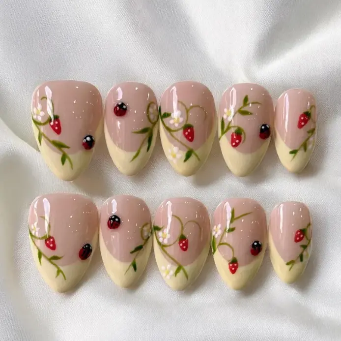Summer Garden French Tips Nails, ,Ladybugs, strawberry Press On Nails, luxury Fruits press on nails, gift for her, y2k nails, nail art, Handmade Nails for Beach Holiday, Y2k 3D Gel Flower Nails
