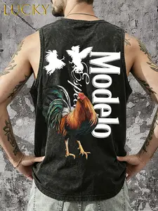 Men's Vintage Washed Rooster Print Sleeveless T-Shirt - Retro Streetwear Cotton Tank Top, vintage t-shirt for men, rooster print tank top, washed black sleeveless tee, retro streetwear tank, cotton graphic tank top, angel silhouette shirt