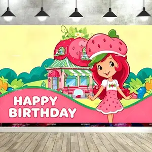 Strawberry Girl Birthday Party Backdrop Cartoon Pink Shortcake-Themed Party Decoration Supplies Birthday Party Banner