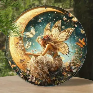 Enchanted Fairy on Crescent Moon Aluminum Wall Art - Vintage-Inspired Whimsical Butterfly & Floral Design, HD Printed Round Metal Sign for Indoor/Outdoor Home Decor, Gardens, Cafes, Parties - Durable Weather-Resistant Fairy Garden Miniature, Fairy Garden