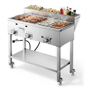 VEVOR Outdoor Propane Griddle, 3 Burners (11,600 BTU Each), Commercial Stainless Steel Griddle with Two 1/3 Size Food Warming Pans, Portable Cart with 4 Lockable Wheels, for Hot Dogs, Burgers & Meats