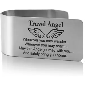 Travel Angel Wherever You May Wander Engraved Stainless Steel Car Visor Clip, Funny Angel Safe Travels Driving Gifts for Family Friend Driver Women Men, Ne