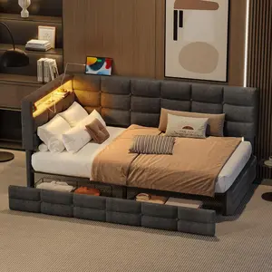 Twin Size Upholstered Daybed with 2 Storage Drawers and Charging Station, L Shaped Corner Bed Frame with LED Lights and Storage Headboard, Modern Tufted Day Bed, No Box-Spring Needed, Grey