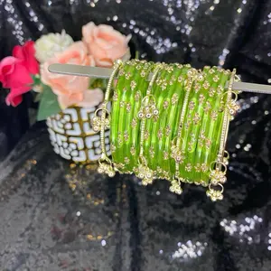 Light Green color glassbangles comes with 4 pcs of Kashmiri indain gugru bangles