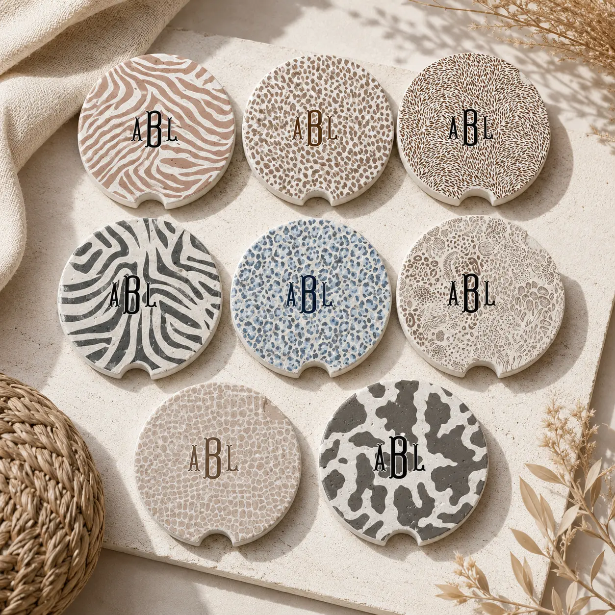 Personalized Animal Print Car Coasters, Monogram Ceramic Cup Holder Coasters, Neutral Leopard Zebra Cow Print Car Accessories, Custom Initial Car Decor, Cute Gift for Women