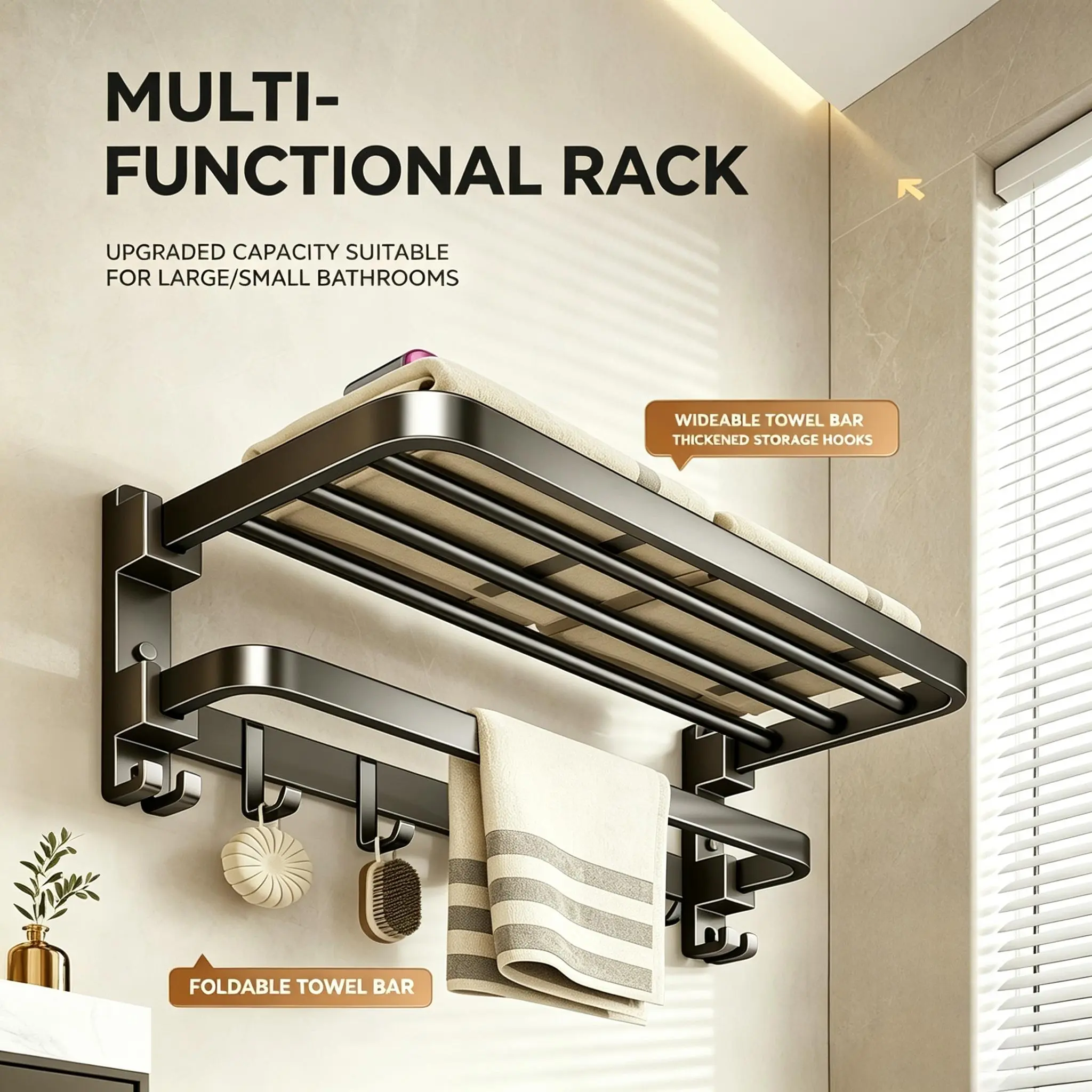 Gun Gray Double Folding Towel Rack, Space Aluminum Bathroom Towel Holder with Hooks, Wall Mounted Bathroom Storage Shelf, Punch & Drill‑Free Two‑Way Installation