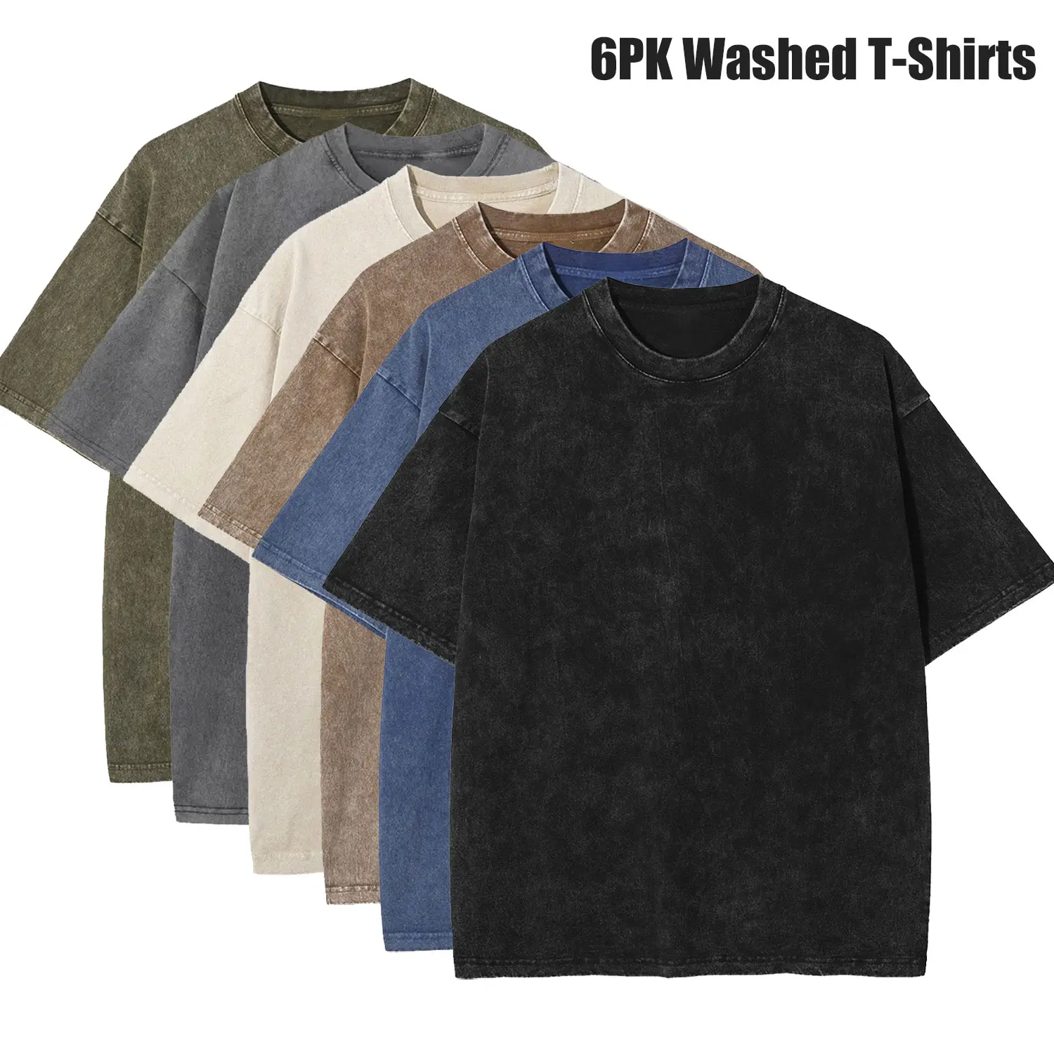 6-Pack Mens Vintage Acid Wash T-Shirts, Heavyweight Cotton Crew Neck Short Sleeve Tops, Casual Gym Workout Retro Streetwear Solid Tees