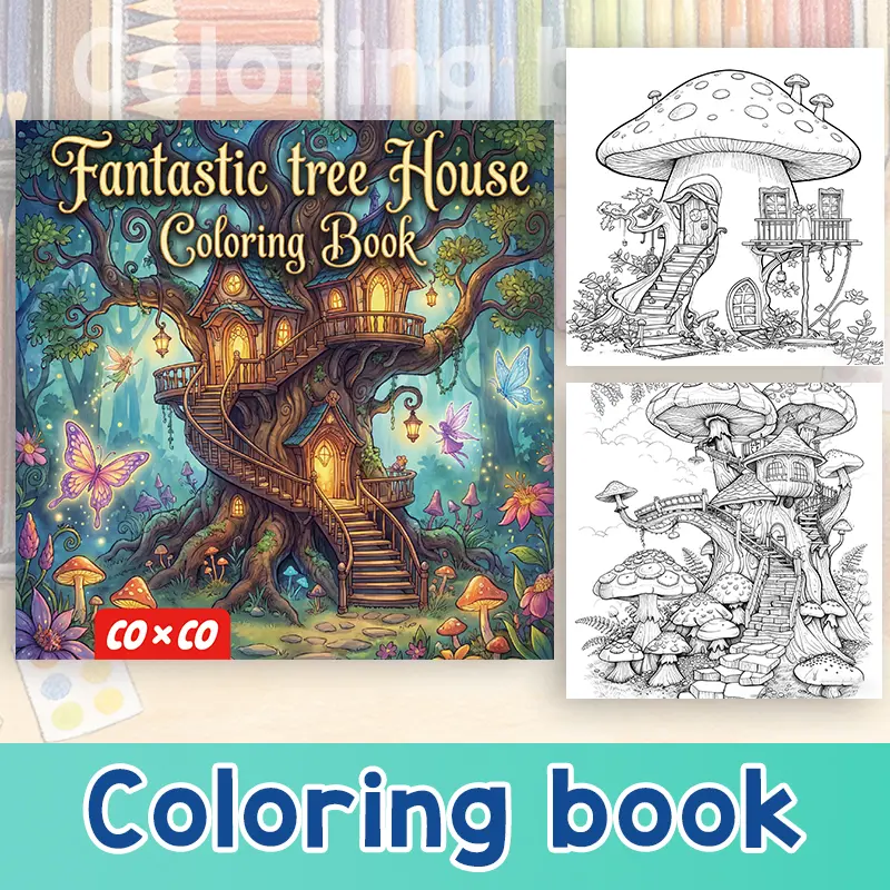 Fantasy Treehouse Coloring Album for Children - Exquisite White Line Drawings of Fantastic Tree House, Wonderful Mushrooms, Natural Flowers, Rich Patterns, Soothing Activity Tool for Adults of All Skill Levels, Relaxation, Decompression