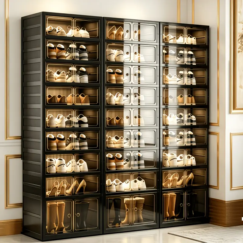 Large Capacity Folding Shoe Storage Box, Portable Floor Standing Shoe Organizer With Magnetic Door Transparent Stackable Shoe Rack Space-Saving Easy Assembly Shoe Cabinet Entryway Home Ideal For Sneakers Boots High Heels Various Footwear Organization