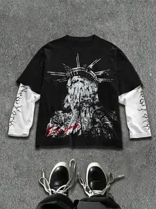 Grunge Aesthetic Statue of Liberty Graphic Tee, Dark Goth Faux Two-Piece Men's Long Sleeve T-Shirt, Distressed Oversized Casual Streetwear Top for Skater & Urban Style