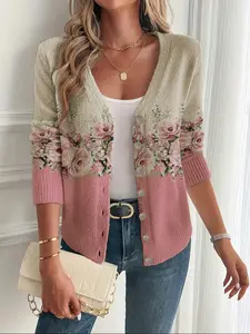 Women's V Neck Slim Fit Knit Cardigan, Colorblock Gradient Floral Print Long Sleeve Sweater, Casual Elegant Commuter Wear Knitwear
