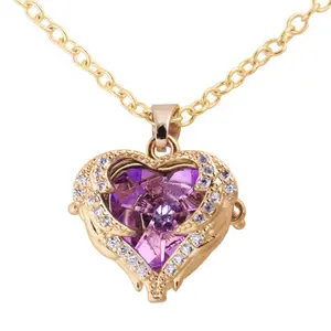 The Fortune Family Amethyst Heart Necklace Encrusted with Diamonds Purple Stone on Gold Chain Purple Crystal Jewelry