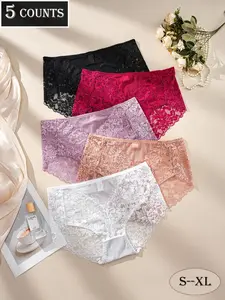 Dorsu 5-Pack High-Elastic Women's Sexy Lace Triangle Underwear, Briefs Panties, Multi-Color Set, Floral Pattern, Soft Breathable Fabric, All Seasons