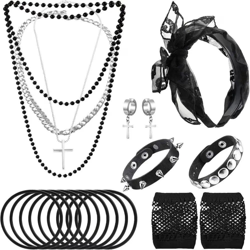 Female Retro Punk Rocker 80s Costume Accessory Set - Adjustable Synthetic Mix Kit with Lacy Headband, Faux Leather Bracelets, Cross Clip Earrings, Stacking Necklaces & 1 Cuban Cross Necklace for Party Wear