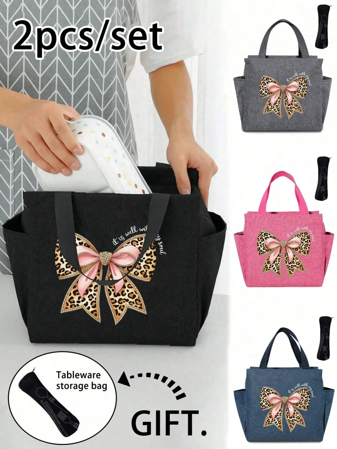 Tiger Print Bow Tote Lunch Bag, Large Capacity Dual Pocket, Detachable Utensil Pouch, Eco-Friendly Insulated Food Grade Material, Thermal Bag