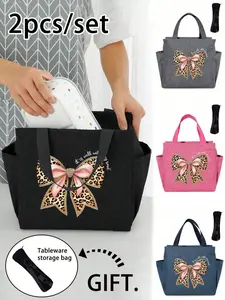 Tiger Print Bow Tote Lunch Bag, Large Capacity Dual Pocket, Detachable Utensil Pouch, Eco-Friendly Insulated Food Grade Material, Thermal Bag