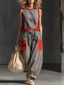 Women's Casual Colorblock Two-Piece Set, Sleeveless Tank Top Vest + Loose Long Pants, Summer Vacation Sporty, Vintage Linen Workwear Set