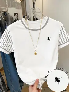 Women's Striped Sleeve Digital Print Short Sleeve Fitted T-Shirt, Preppy Fashion Style Aesthetics, Soft Breathable, Casual Daily and Commute Wear, Womenswear