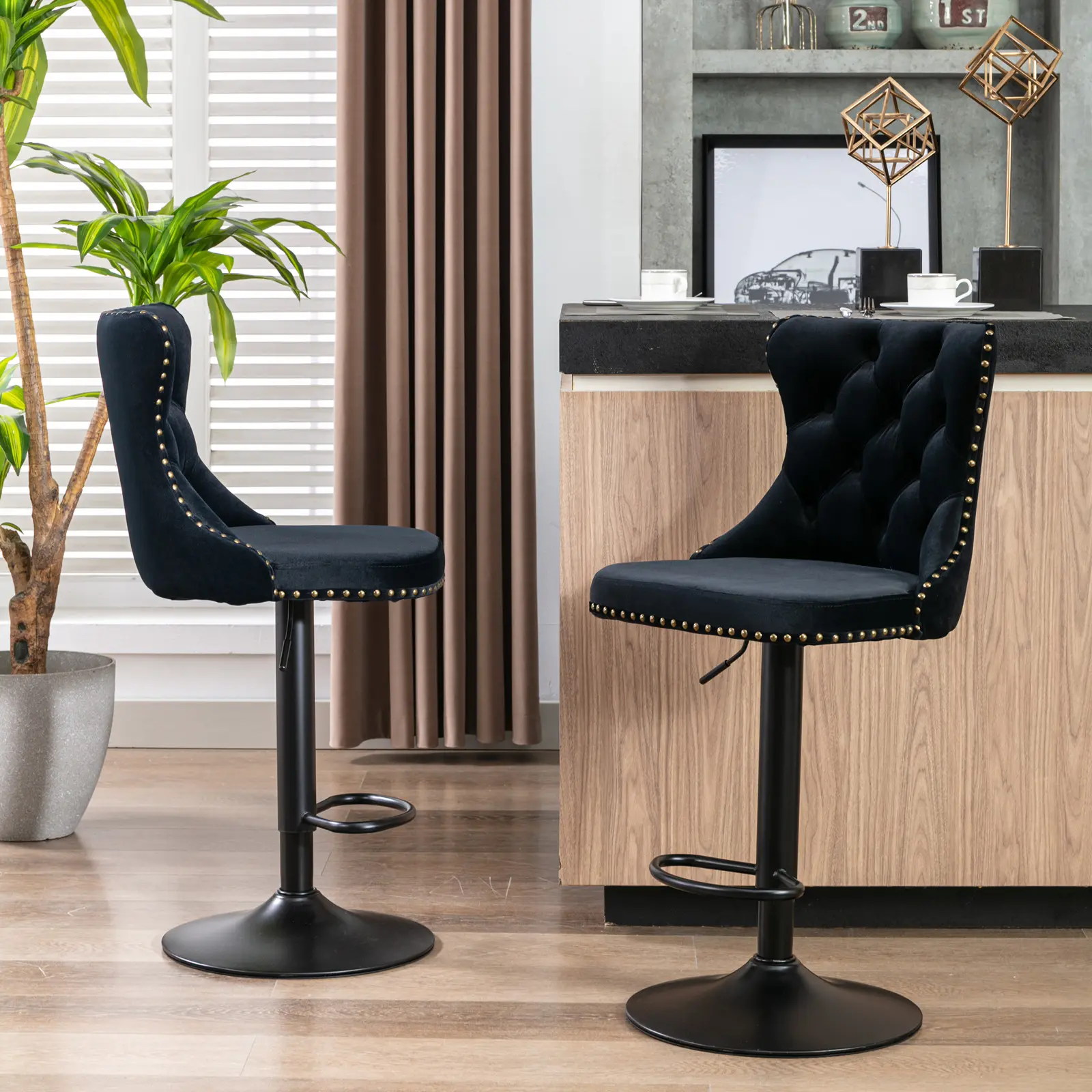 Swivel Velvet Barstools Adjusatble Seat Height from 25-33 Inch,17.7 inch Base, Modern Upholstered Bar Stools with Backs Comfortable Tufted for Home Pub and Kitchen Island,Black,Set of 2