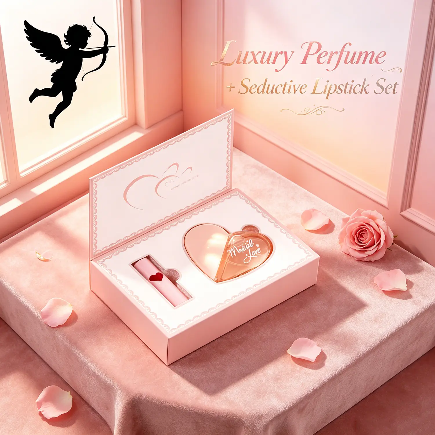 Pheromone Perfume and Lipstick Gift Set, Long-Lasting Attraction Fragrance with a Floral Fruity Scent & Matching Liquid Lipstick, Valentine's Day Box for Women, Matching Pair, Create Passionate Evening, Pink Romance Perfume And Lipstick Set