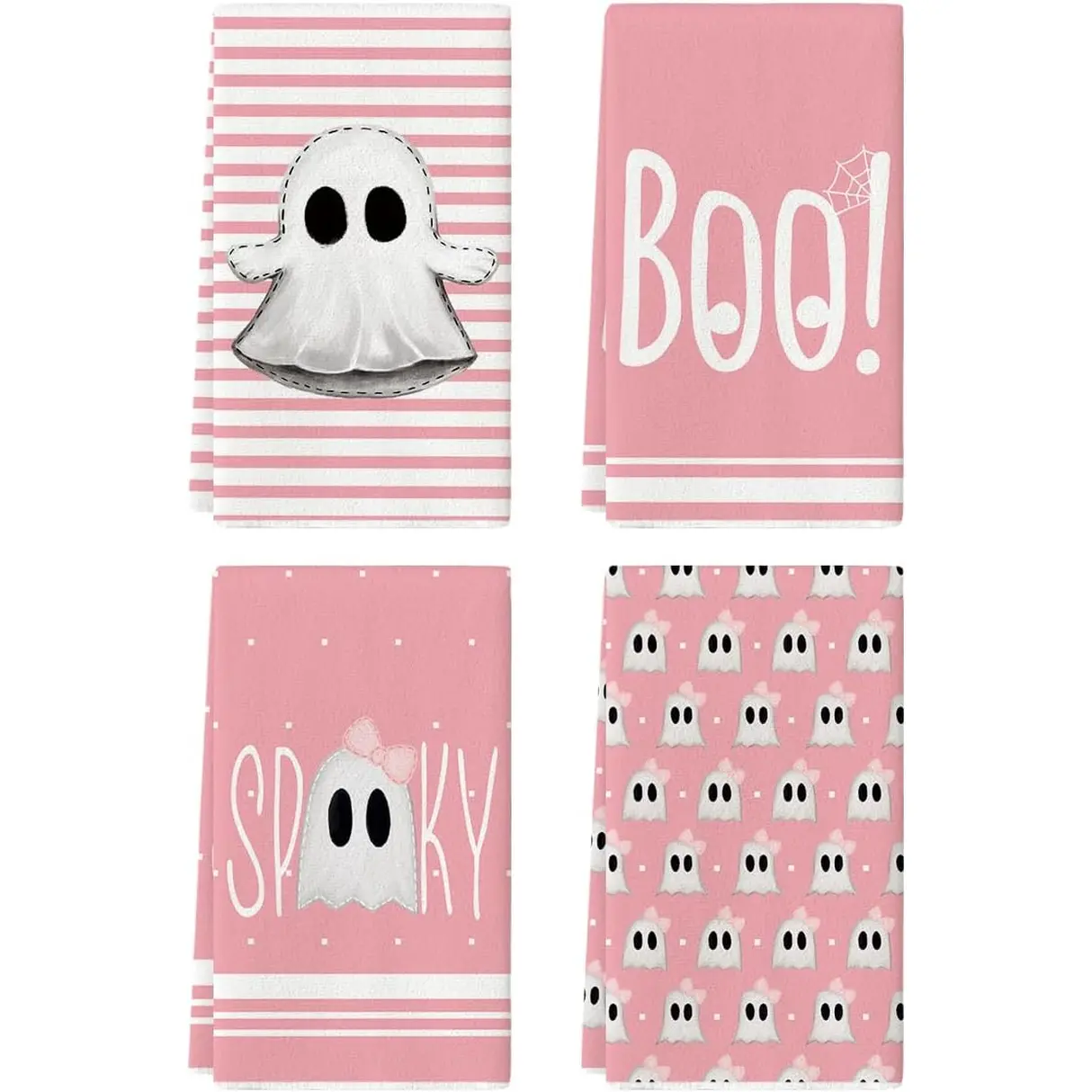 Artoid Mode Pink Ghost Halloween Kitchen Towels Set of 4 18X26 Inch | Stripes Boo Spooky Bow Knot Hand & Dish Towels,Ultra Absorbent,Seasonal Farmhouse Decoration