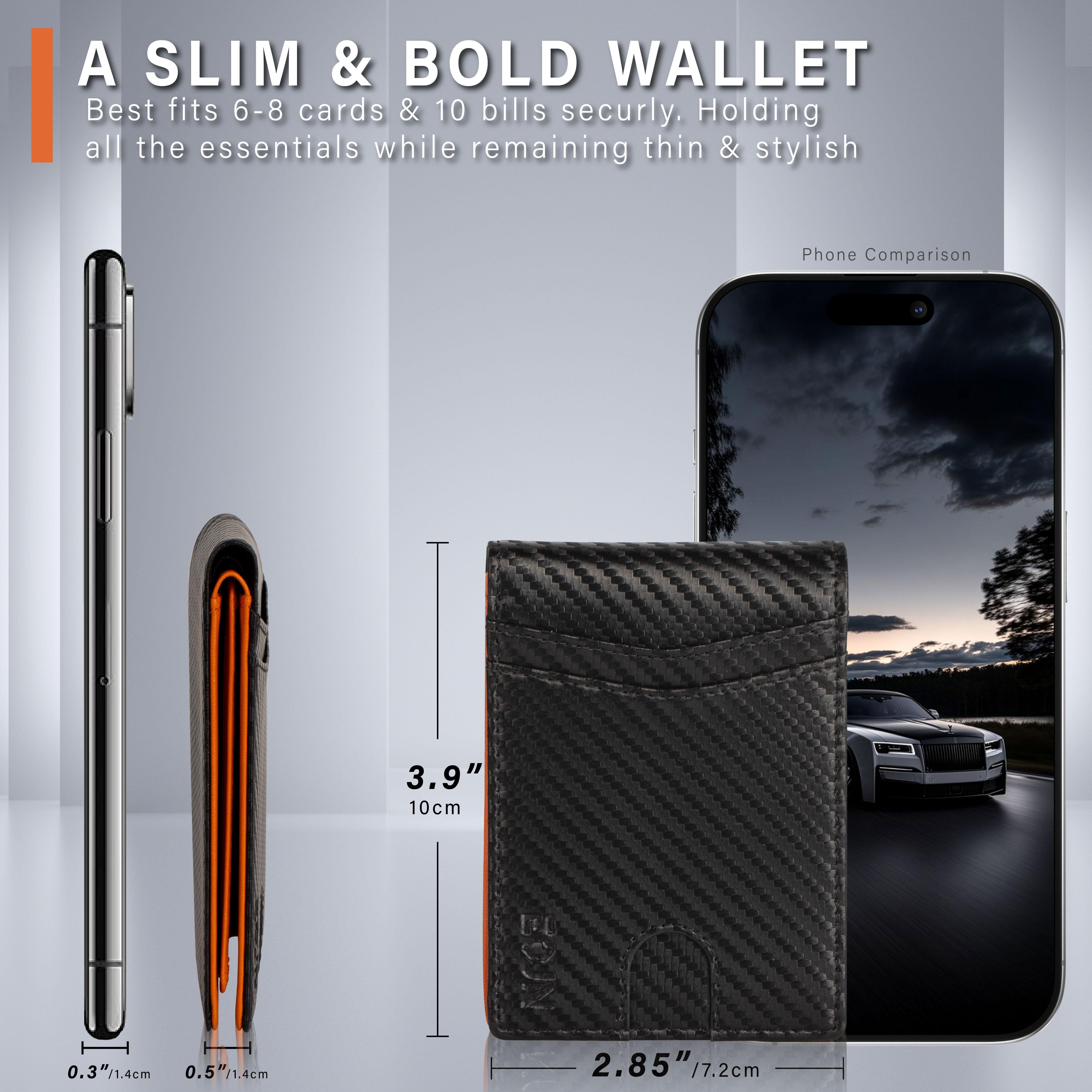 EOJN Slim Mens Wallet Front Pocket with 11 Slots Minimalist RFID Blocking Credit Card Holder Carbon Fiber Money Clip in Gift Box Leather
