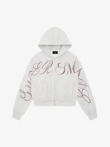 Street Hip-Hop Rhinestone Cropped Zip Up Hoodie
