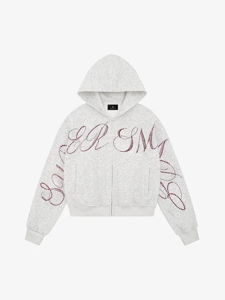 Thesupermade Street Hip Hop Rhinestone Cropped Zip Up Hoodie,back to school,back to school shopping