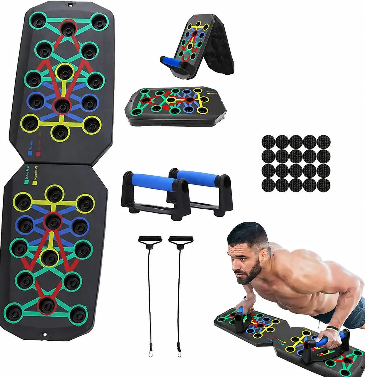 28 Holes Push Up Board with Push Up Bars, Foldable Portable Home Gym Workout Equipment for Men & Women, Full Body Strength Training System for Chest, Arms, Shoulders, Back & Core Muscle Building