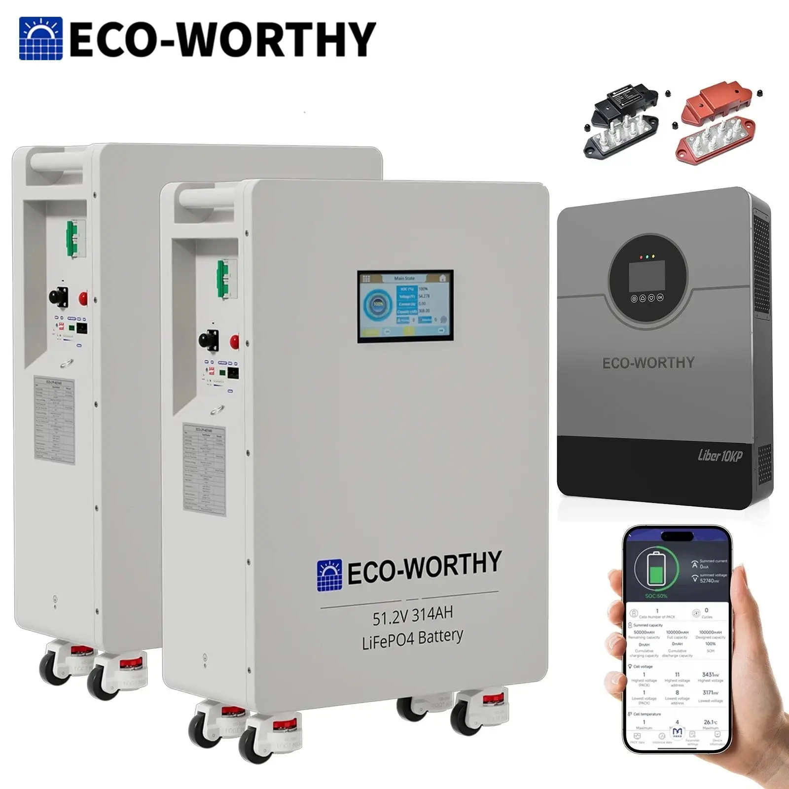 ECO-WORTHY 32.15kWh 2Pack 48V 314Ah Battery+10kW 48V Solar Inverter For Home