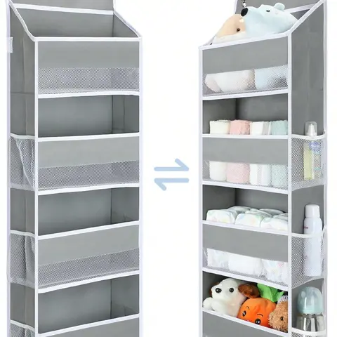 Over-The-Door Hangable Organizer - Portable Nursery Storage, Multi Purpose Solution, Multifunctional Home Organizer, Holds 35.2lbs, Swing-Proof, 4 Bins, 6 Side Pockets for Newborn Essentials, Nursery Organization (Bathroom Compatible)