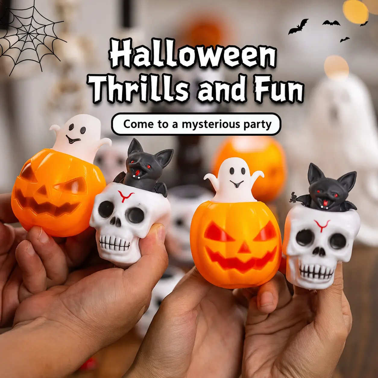 1 Pack Halloween Squeeze Pop-Up Toy - Spooky Pumpkin Ghost & Skull Bat Stress Relief Toy, Sensory Fidget Toys for Kids Adults, Halloween Party Favors Goodie Bag Fillers