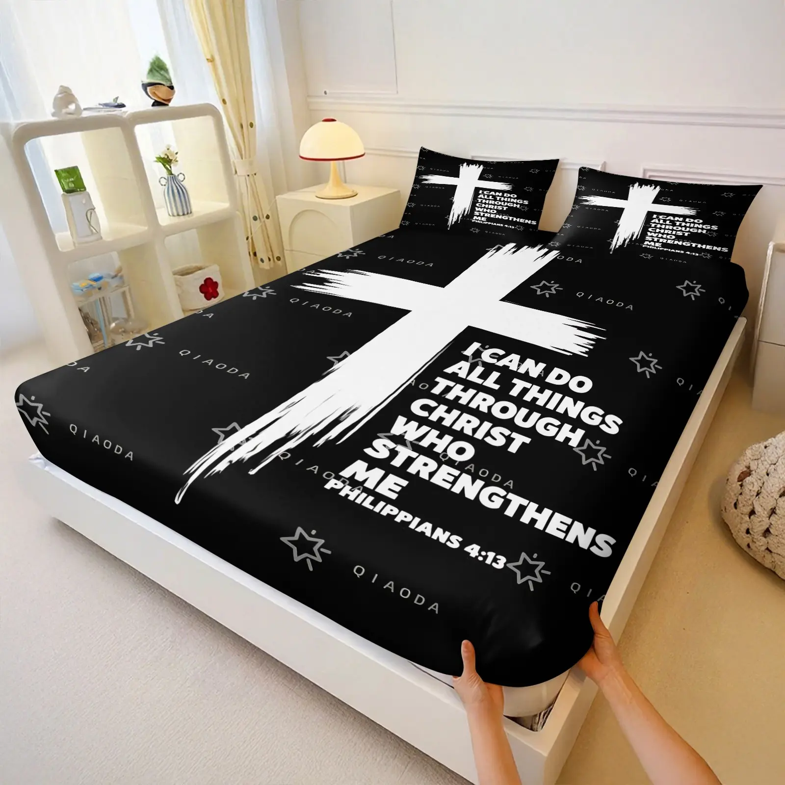 Bible Verse & Christian Minimalist Fitted Sheet 3-Piece Set, Durable, Fading Resistant & Easy Care, Nordic Style Bedroom Decor, Ideal Baptism Gift