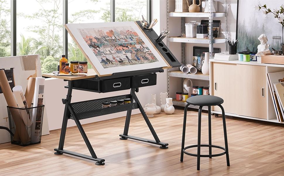 Yaheetech Drafting Table & Stool Set Height Adjustable Drawing Table Art Craft Desk with 2 Storage Drawers and Stool for Home Office Yaheetech Drafting Table & Stool Set Height Adjustable Drawing Table Art Craft Desk with 2 Storage Drawers and Stool for Home Office