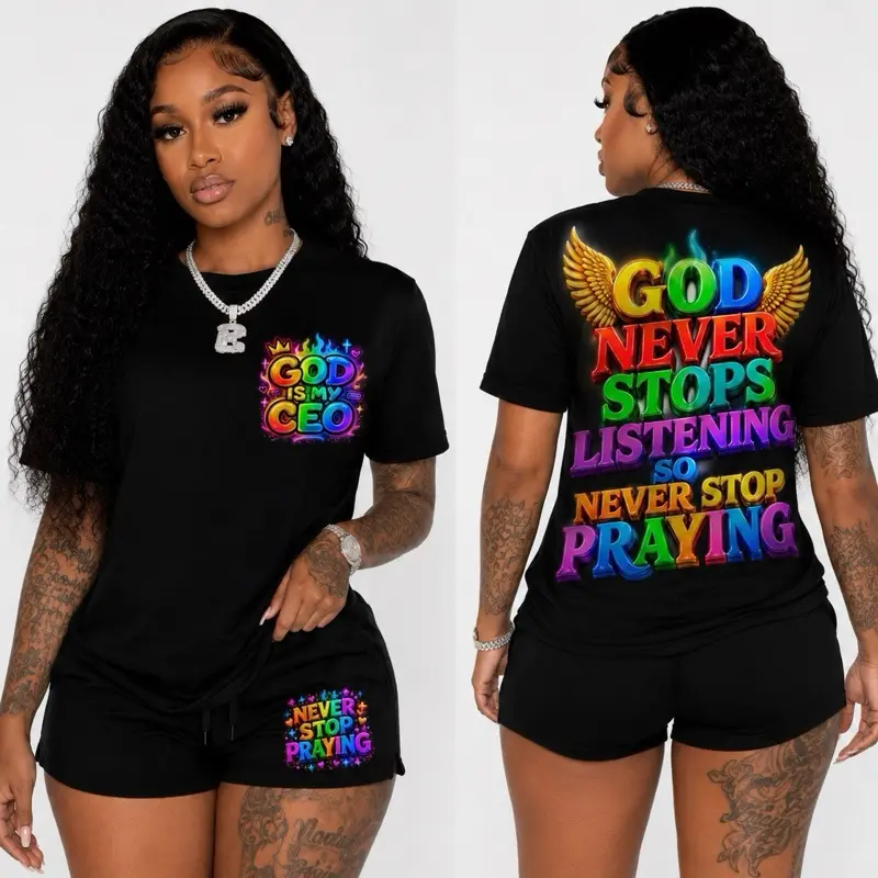 Womenswear Women's 100% cotton Short Top & Bottom Set, "God is My CEO" Printed Outfit Fashion