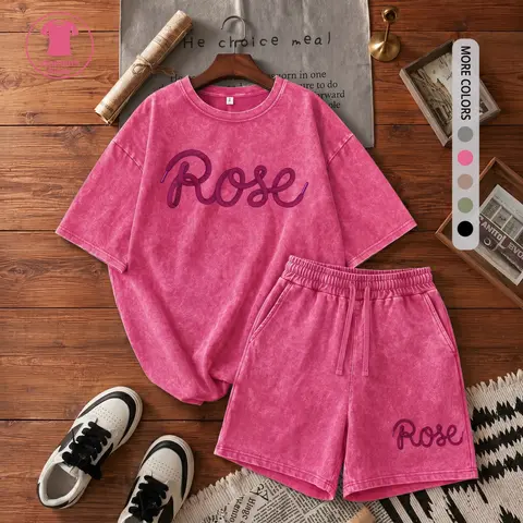 Women’s 100% Cotton Vintage Short-Sleeve Crew Neck Solid 2-Piece Clothes Set - Loose Bermuda Shorts Bottom, Adjustable Elastic Drawstring Waist, Casual Outdoor T-Shirt with Letter Graphic