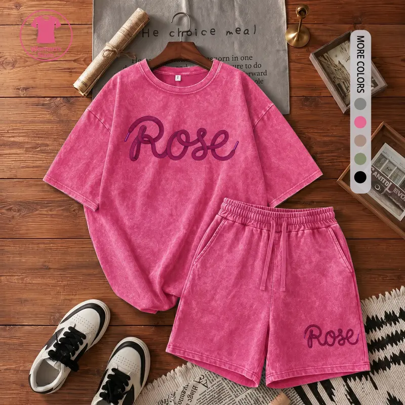 Women’s 100% Cotton Vintage Short-Sleeve Crew Neck Solid 2-Piece Clothes Set - Loose Bermuda Shorts Bottom, Adjustable Elastic Drawstring Waist, Casual Outdoor T-Shirt with Letter Graphic