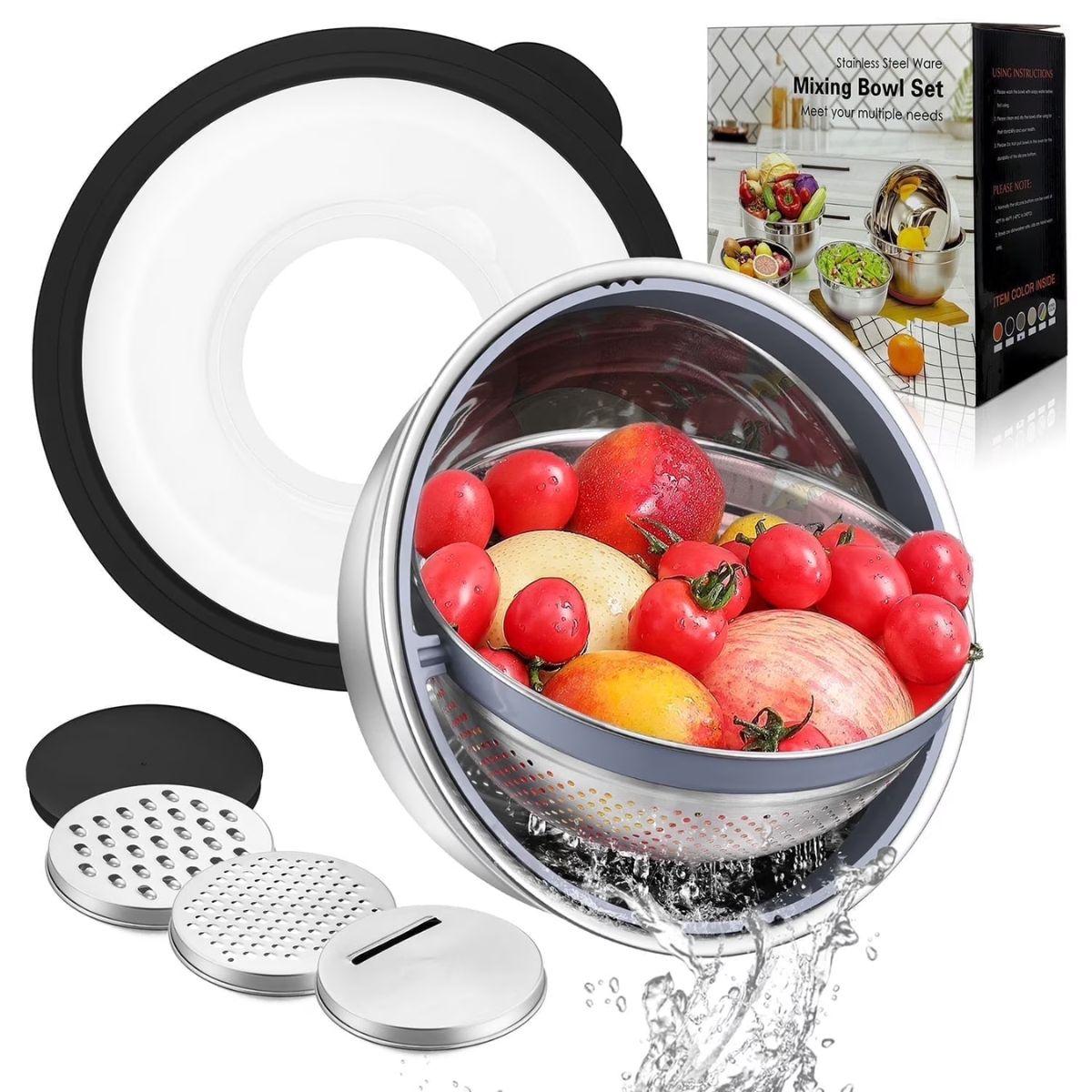 Vesteel 4-in-1 Stainless Steel Colander with Mixing Bowl Set, Airtight Lid & 3 Graters, Multifunctional Kitchen Prep for Washing Draining Mixing Grating, BPA-Free, Dishwasher-Safe