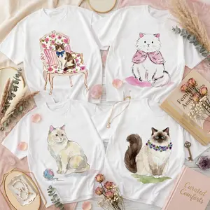 Custom Pet Portrait Shirt for Women, Personalized Watercolor Cat Tee, Custom Pet Graphic T-Shirt, Your Pet Photo Printed Top, Cute Floral Kitty Shirt, Aesthetic Pet Lover Gift for Her,Coquette Aesthetic,Soft Girl Vibe,Watercolor Pet Portrait,Pet Memorial