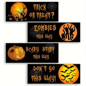 4pcs Scary Zombies Pumpkins Bats Halloween Wooden Wall Decoration Set 8x4in, No Nails Needed for Living Room & Kitchen Decor