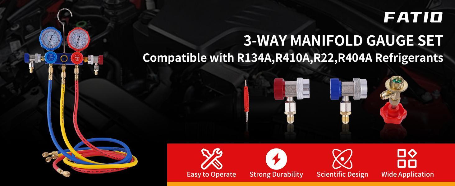 3-Way AC Manifold Gauge Set for R22, R134A, R410A, R404A, ac Gauge Set Includes Puncturing Can Tap, Quick Couplers,Valve Core Tool,Car & Home Air Conditioning Maintenance