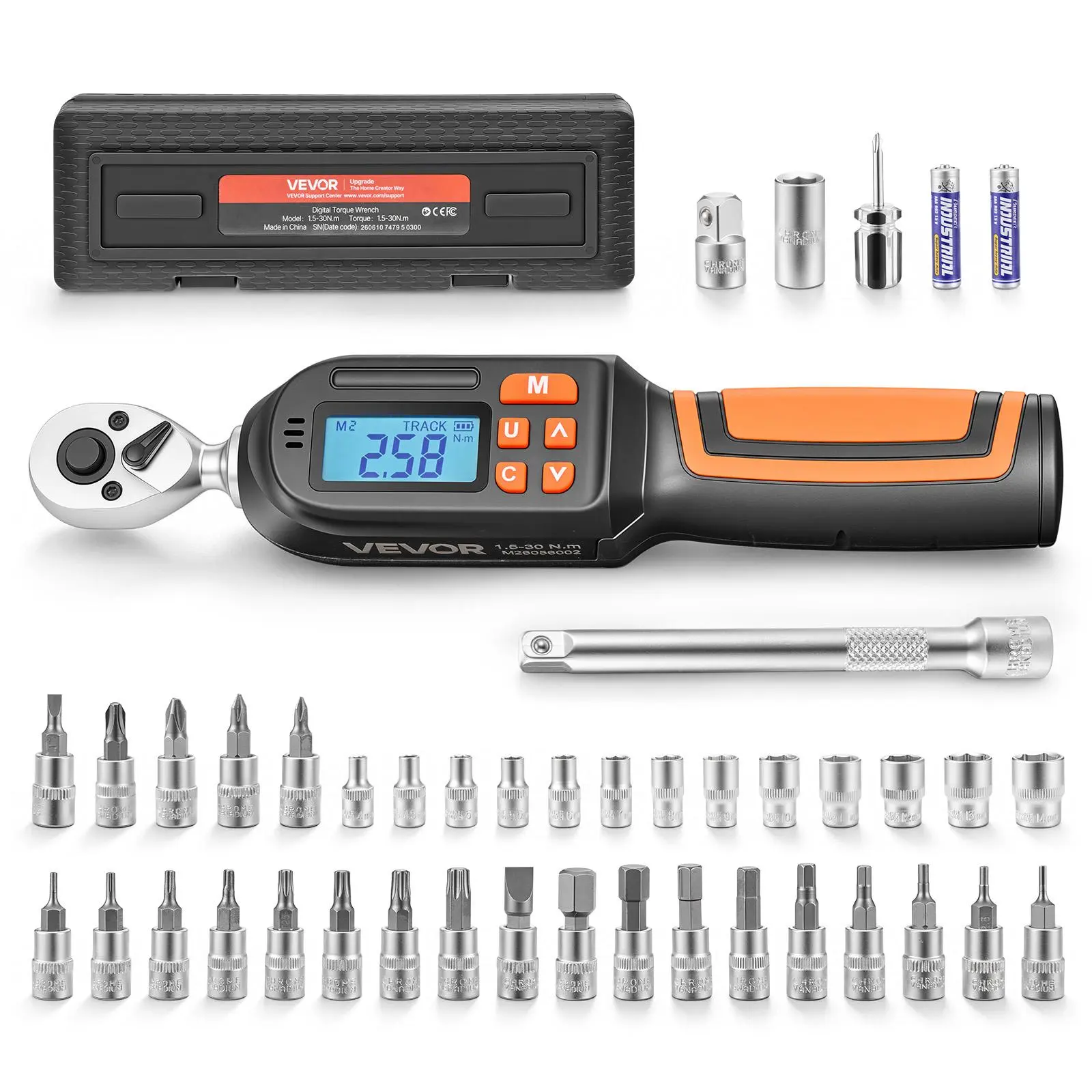 【summerfinds】VEVOR 42-Piece Digital Torque Wrench Set, 1/4"-Drive, 4 Units, ±2% Accuracy, LCD Screen, Buzzer & LED Indicator, Sockets, Bits, Extension Bar, Adapter Included for Automotive Repair