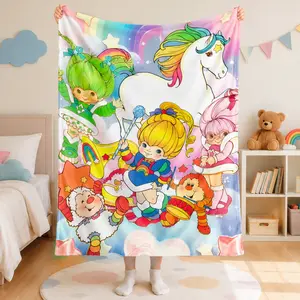 Rainbow Fantasy Unicorn Flannel Blanket – Cute Cartoon Fleece Throw Blanket for Girls, Soft Cozy AC Blanket for Bed & Couch, Colorful Retro Fantasy Blanket Gift for Kids & Unicorn Lovers