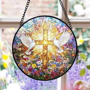 Christian Cross Stained Acrylic Suncatcher, Doves & Floral Window Decor, Religious Easter Gift, Inspirational Home Accent